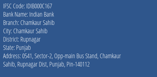 Indian Bank Chamkaur Sahib Branch Rupnagar IFSC Code IDIB000C167