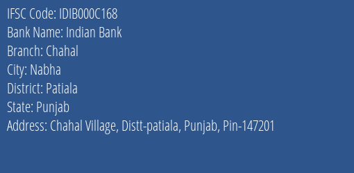 Indian Bank Chahal Branch Patiala IFSC Code IDIB000C168