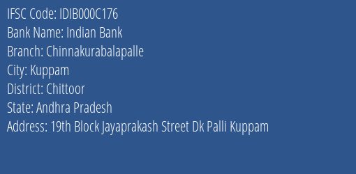 Indian Bank Chinnakurabalapalle Branch Chittoor IFSC Code IDIB000C176
