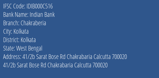 Indian Bank Chakraberia Branch, Branch Code 00C516 & IFSC Code IDIB000C516