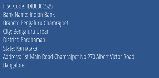 Indian Bank Bengaluru Chamrajpet Branch, Branch Code 00C525 & IFSC Code IDIB000C525