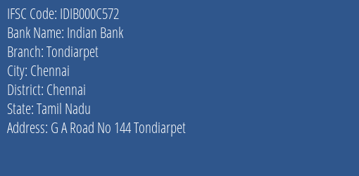 Indian Bank Tondiarpet Branch IFSC Code