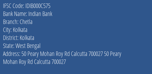 Indian Bank Chetla Branch, Branch Code 00C575 & IFSC Code Idib000c575