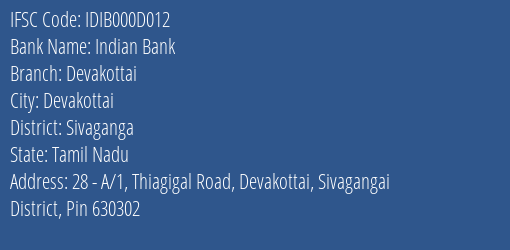 Indian Bank Devakottai Branch IFSC Code