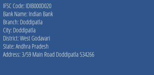Indian Bank Doddipatla Branch West Godavari IFSC Code IDIB000D020