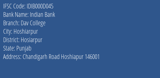 Indian Bank Dav College Branch Hosiarpur IFSC Code IDIB000D045