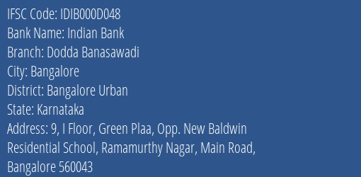 Indian Bank Dodda Banasawadi Branch IFSC Code