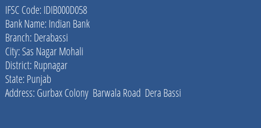 Indian Bank Derabassi Branch Rupnagar IFSC Code IDIB000D058