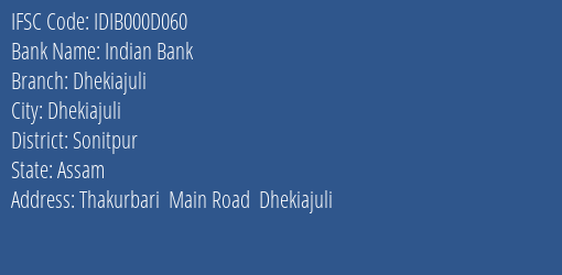 Indian Bank Dhekiajuli Branch Sonitpur IFSC Code IDIB000D060