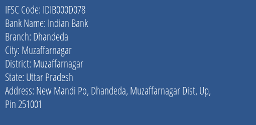 Indian Bank Dhandeda Branch, Branch Code 00D078 & IFSC Code IDIB000D078