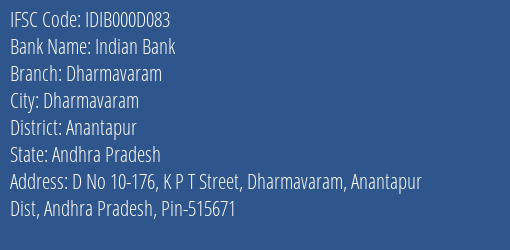 Indian Bank Dharmavaram Branch Anantapur IFSC Code IDIB000D083