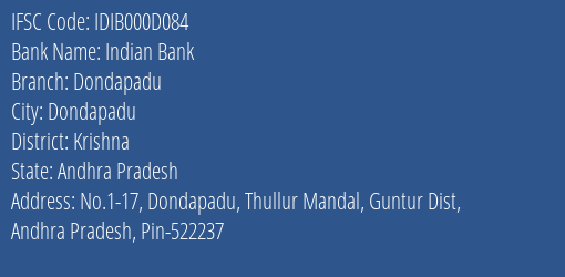 Indian Bank Dondapadu Branch, Branch Code 00D084 & IFSC Code Idib000d084