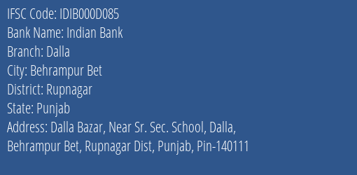 Indian Bank Dalla Branch Rupnagar IFSC Code IDIB000D085