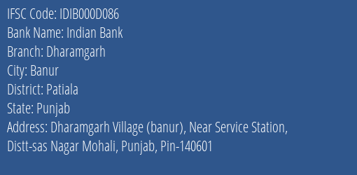 Indian Bank Dharamgarh Branch Patiala IFSC Code IDIB000D086