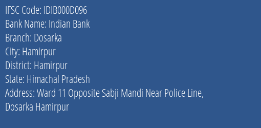 Indian Bank Dosarka Branch, Branch Code 00D096 & IFSC Code IDIB000D096