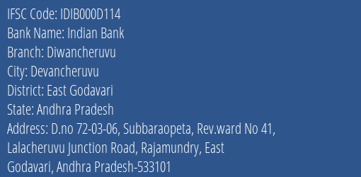 Indian Bank Diwancheruvu Branch East Godavari IFSC Code IDIB000D114