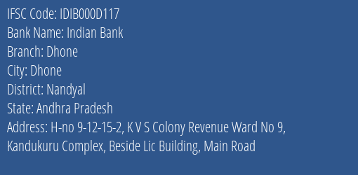 Indian Bank Dhone Branch Nandyal IFSC Code IDIB000D117