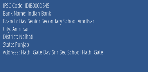 Indian Bank Dav Senior Secondary School Amritsar Branch Nalhati IFSC Code IDIB000D545
