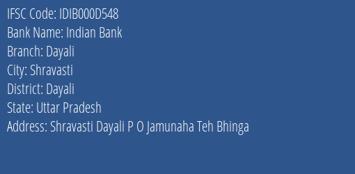 Indian Bank Dayali Branch Dayali IFSC Code IDIB000D548