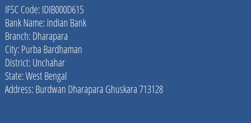 Indian Bank Dharapara Branch Unchahar IFSC Code IDIB000D615