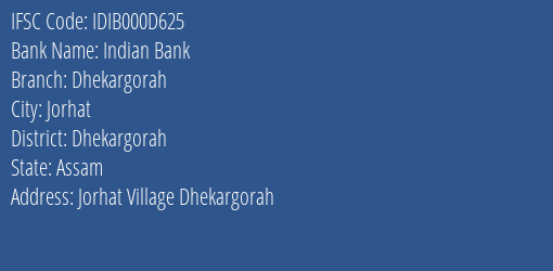 Indian Bank Dhekargorah Branch Dhekargorah IFSC Code IDIB000D625