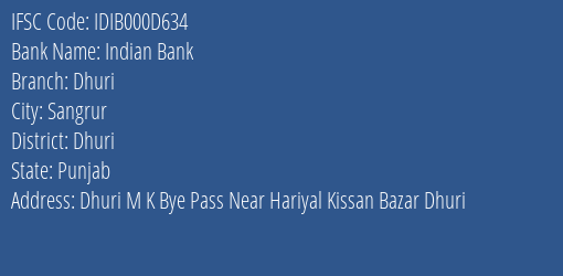 Indian Bank Dhuri Branch Dhuri IFSC Code IDIB000D634