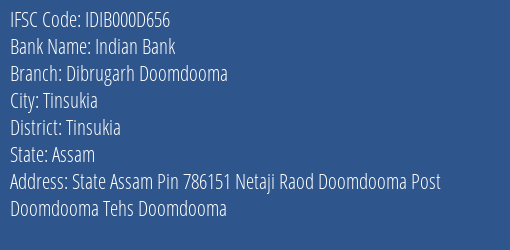 Indian Bank Dibrugarh Doomdooma Branch Tinsukia IFSC Code IDIB000D656