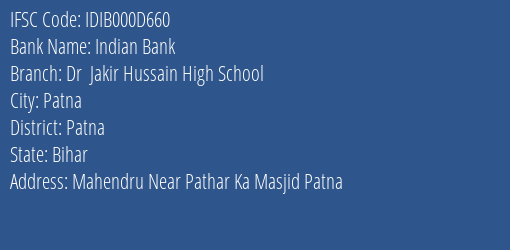 Indian Bank Dr Jakir Hussain High School Branch, Branch Code 00D660 & IFSC Code IDIB000D660