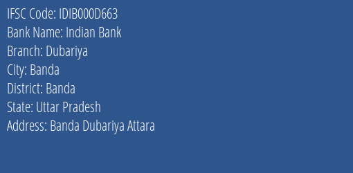 Indian Bank Dubariya Branch Banda IFSC Code IDIB000D663