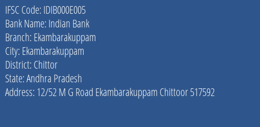 Indian Bank Ekambarakuppam Branch Chittor IFSC Code IDIB000E005