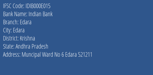 Indian Bank Edara Branch Krishna IFSC Code IDIB000E015