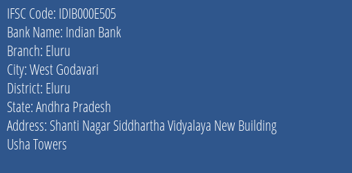 Indian Bank Eluru Branch, Branch Code 00E505 & IFSC Code IDIB000E505