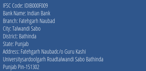 Indian Bank Fatehgarh Naubad Branch Bathinda IFSC Code IDIB000F009