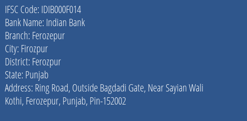 Indian Bank Ferozepur Branch Ferozpur IFSC Code IDIB000F014