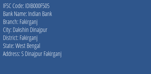 Indian Bank Fakirganj Branch Fakirganj IFSC Code IDIB000F505
