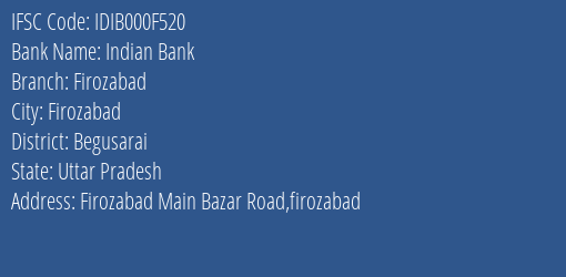 Indian Bank Firozabad Branch, Branch Code 00F520 & IFSC Code IDIB000F520