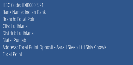 Indian Bank Focal Point Branch Ludhiana IFSC Code IDIB000F521