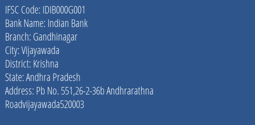 Indian Bank Gandhinagar Branch Krishna IFSC Code IDIB000G001