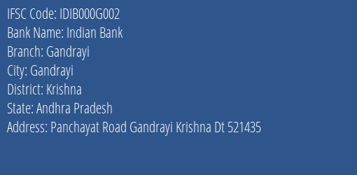 Indian Bank Gandrayi Branch Krishna IFSC Code IDIB000G002