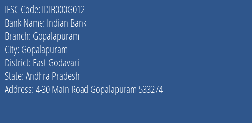 Indian Bank Gopalapuram Branch East Godavari IFSC Code IDIB000G012
