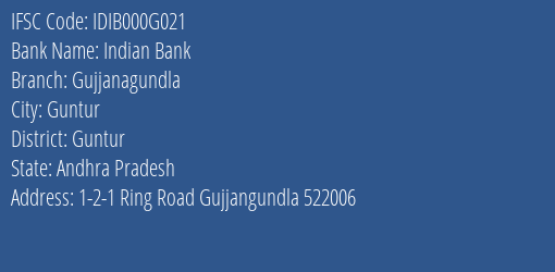 Indian Bank Gujjanagundla Branch Guntur IFSC Code IDIB000G021