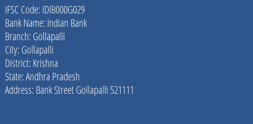 Indian Bank Gollapalli Branch Krishna IFSC Code IDIB000G029