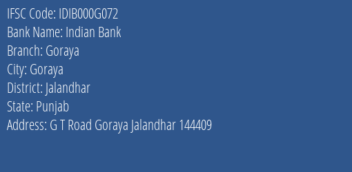 Indian Bank Goraya Branch Jalandhar IFSC Code IDIB000G072