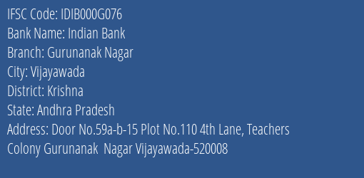 Indian Bank Gurunanak Nagar Branch Krishna IFSC Code IDIB000G076
