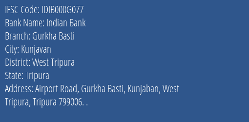 Indian Bank Gurkha Basti Branch, Branch Code 00G077 & IFSC Code IDIB000G077