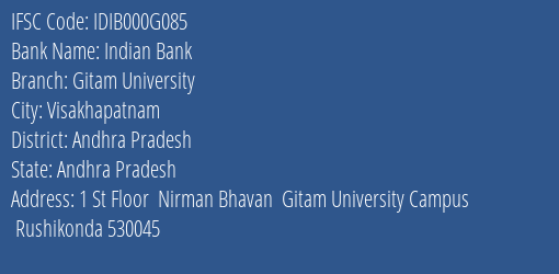 Indian Bank Gitam University Branch Andhra Pradesh IFSC Code IDIB000G085