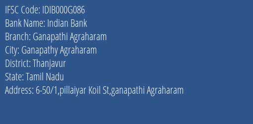 Indian Bank Ganapathi Agraharam Branch IFSC Code