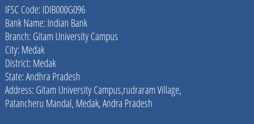 Indian Bank Gitam University Campus Branch Medak IFSC Code IDIB000G096