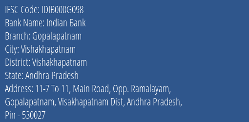Indian Bank Gopalapatnam Branch, Branch Code 00G098 & IFSC Code IDIB000G098