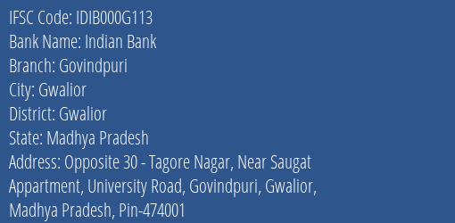 Indian Bank Govindpuri Branch, Branch Code 00G113 & IFSC Code IDIB000G113